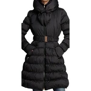 Black Belted LongDown Puffer Coat with Dramatic Collar Winter Warm Fashion Med